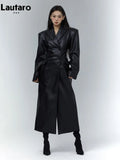 Spring Autumn Long Black Fitted Soft Pu Leather Trench Coat for Women with Shoulder Pads Luxury Designer Clothing