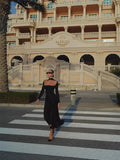Off-Shoulder Long Sleeve Flare Maxi Dress- Outfit