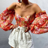 Floral Print Strapless Chiffon Shirt Fashion Women Off Shoulder Halter Sexy Blouse Shirt Summer Backeless Tops