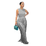 Vest Drawstring Fringed Knitted Top Casual Loose Wide-leg Pants Two-piece Suit Summer Green Tracksuit