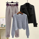 Winter Warm Clothes Three Piece Set Women Outfits Office Ladies Elegant Woolen Coats+knitted Sweater+wool Harem Pants