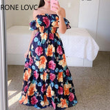 Women Chic Slash Collar Short Butterfly Sleeves Floral Print Ruffle Hem Sexy Maxi A-line Party
