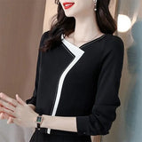 Autumn Black Patchwork Elegant Fashion Simple Chiffon Shirt Office Lady Long Sleeve All-match Pullover Blouse Femme