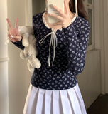 Ruffled Lace Trim Front Tie Long Sleeve TeeOutfit