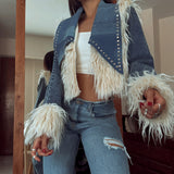 And Winter Long-Haired Cowboy Splicing Metal Coat Women Warm Comfortable Fashion Temperament Retro Feel Out Of The Street