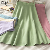 High Waist Midi knitted A- Line Skirt Women's Drape Umbrella Solid Striped long green Skirt Lady Fall Winter