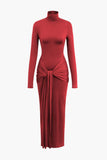 Color Wrap Ruched High Neck Long Sleeve Maxi