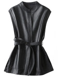 Spring Autumn Black Soft Pu Leather Vest Luxury Brand with Belt Luxury Elegant Office Sleeveless Jackets for Women