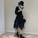 Y2K Irregular Tulle Skirt Women Gothic High Waist Asymmetrical Mesh A Line Midi Skirts Korean Office Lady All Match