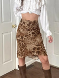 Retro Leopard Print Low-Rise Mesh Half-Dress Babes Irregular Hem To Fix Tight-Knit Long