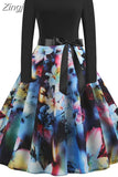 Print Vintage Women New Spring Elegant Party Long Sleeve Casual Black Patchwork Midi