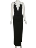 Sexy Deep V Neck High Side Slit Evening Dresses Backless Spaghetti Strap Simple Prom Party Gown vestido Female