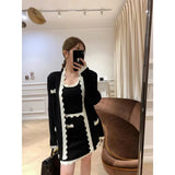 Sweet Knit Cardigans + Camisole + Skirts 3pcs Sets Girls Long Sweater Coat + Vest + Mini Skirt Suits Women
