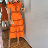 Women Elegant Bow Solid turn down collar Short Puff Sleeves A-line hollow out Midi Formal