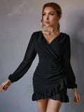 Spring Women's Dress Fashion Elegant Long Sleeve V-neck Ruffles Tunics Bodycon Package Hip Evening Party Mini