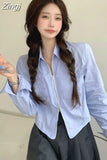 Fit Women White Double Zippers Shirts Turn Down Collar Short Crop Tops High Street Chic Blouse Irregular Length