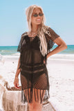 Queens Women White Beach Hollow Out Bohemian Mini Dress Short Sleeve Ladies V-neck Belt Tassel Boho Sundress