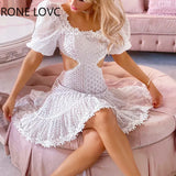 Women Elegant Solid Puff Sleeves Edged with Lace Ruffle Hem Midriff Mini Hollow Out Bodycon