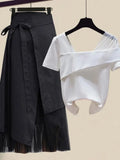 Women Summer Sets Mesh Patchwork Slash Neck Tops + Asymmetric Skirt 2 Piece Sets Female Party Suits Elegant Casual Two Piece