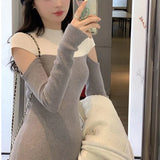 Winter Elegant Fashion Hollow Out Spliced Sweater Bodycon Dress Women Long Sleeve Vestidos De Fiesta Lady Casual