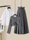 3 Piece Set For Women Outfit Office Ladies Elegant Irregular Knitted Tops+white Blouse+high Waist Pleated Skirt Sets