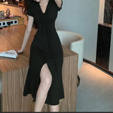 Summer Sexy Solid Color Folds Drawstring Bandage Slit Midi Dress Waist Elegant Party Holiday Dresses Casual Robe