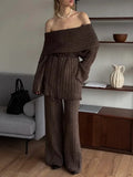 Selling A Word Shoulder Knitted Commuting Set Loose Top Broad Leg Trousers Simple High-Grade Gray Workplace