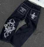 Popular Vintage Letter Embroidered Jeans Men Y2K New Harajuku Punk Rock Wide-Leg Pants Couple Casual Loose Traf Jeans
