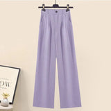 Women Summer Purple 3 Pieces Set 2023 Fashion Short Vest+long Sleeve Backless Chiffon Sunscreen Blouse+wide Leg Long Pants