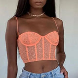 see through black Rhinestone tank top corset crop top women summer party y2k mesh halter top clubwear cute womens tube