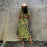 Printed V-neck Batwing Sleeve Side Split Loose Dress For Women Clothes Plus Size Beachwear Maxi Dress