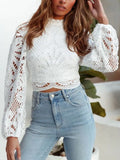 Crochet Lace Blouse Women Casual Shirt Lantern Sleeve Hollow Out Crop Top Elegant Fashion Zipper Turtleneck Slim