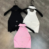 2022 Summer New Collection Sleeveless Round Neck Backless Diamonds Buckle Bandage Slim Tank Top Women Kniited Vest