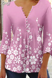 Floral Print Summer Blouse Women Elegant Simple Shirt V Neck Button 3/4 Length Sleeve Casual Holiday Basic Tops
