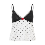 Women Vintage Retro Camisole Sleeveless Tops V-neck Backless Lace Patchwork Dots Print Summer Vest for Party