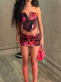 Aesthetic Print Women Y2K Two Piece Set 2023 Casual Elegant Corset Top+Mini Skirt Night Club Party Matching