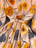 Women Flower Printed Midi Dress Spring Autumn Elegant V-Neck Slim Vestidos Casual High Waist A-Line Bohemian Robe