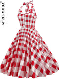 Halter Cocktail Party Dress England Style Summer Casual Swing Plaid Printed Hepburn Pin Up Office Rockabilly