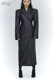 Spring Autumn Long Black Fitted Soft Pu Leather Trench Coat for Women with Shoulder Pads Luxury Designer Clothing