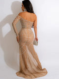 Sexy Rhinestone Crystal Sheer Side Split Irregular Maxi Dress Women Off The Shoulder One Sleeve Party Club Long