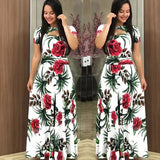 Summer New Elegant Women's Maxi Dress Bohmia Casual Flower Print Robe Fashion Hollow Out Ladies Short Sleeve Dress