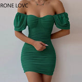 Women Solid Off Shoulder Short Sleeves Folds Bodycon Mini Summer Sexy Party Green