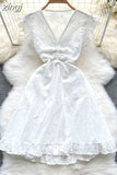 Women Hollow Out Drawstring Dress Sexy V-Neck Sleeveless High Waist A-Line Ruffle Hem Draped Vestidos