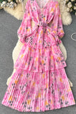 Autumn Women Floral Ruffle Long Dress Bohemian Vacation Beach Maxi Robe Female Elegant V-Neck Lantern Sleeve Robe