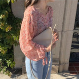 Sweet Sunscreen Shirt Women Casual Holiday Floral V Neck Chic Chiffon Blouse Korean Fashion Elegant Loose All Match