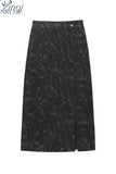 Spring Women's Irregular Long Denim Skirts Chic Print Korean Style Vintage Gothic Fashion High Waist Slim Jeans Split