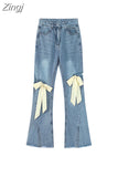 Jeans Pants Women Vintage Bow Ripped Hollow Out Ladies High Waist Harajuku Fashion Stretch Pocket Wide Leg Denim