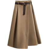 Women elastic High waist Long Skirt Autumn Harajuku Vintage Solid Sashes Pleated Skirt Office Korean Fashion Irregular Plus