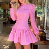 Women Button Stand Collar Ruffle Dress Long Sleeve Dress Elegant Fashion Chic
