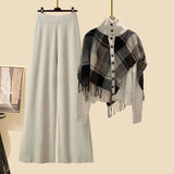 Knitted Two Pieces Sets Womens Outfits Office Ladies Elegant Vintage Plaid Patchwork Sweater Cardigan+ Wide Leg Pant